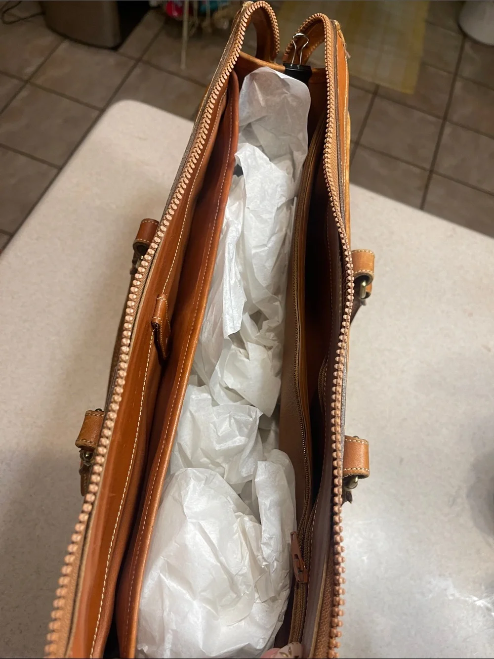 Dooney & Bourke Tan Canvas Briefcase with Chestnut Leather Trim